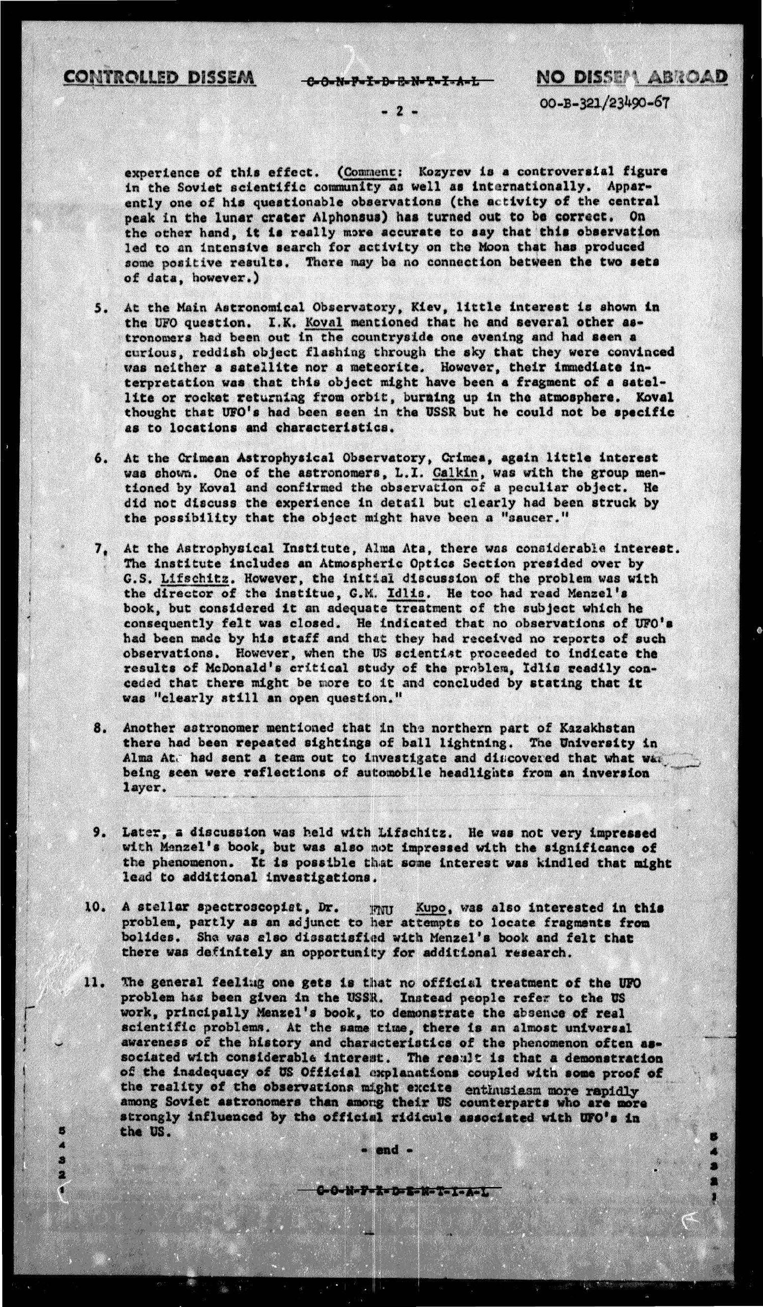 REPORT ON CONVERSATIONS WITH SOVIET SCIENTISTS ON SUBJECT OF UNIDENTIFIED FLYING OBJECTS IS THE USSR — página 2
