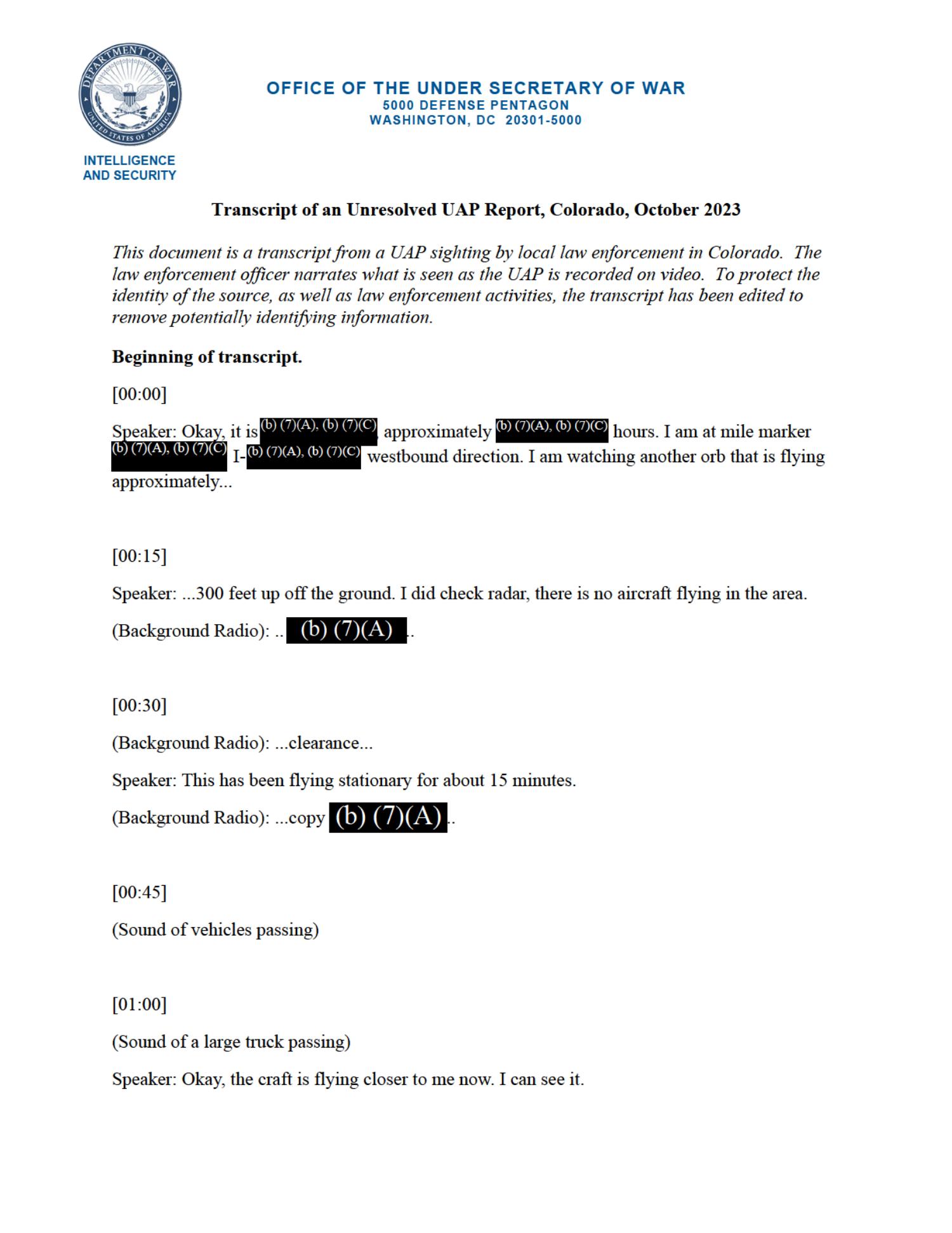 Transcript of an Unresolved UAP Report Colorado October 2023 — página 1