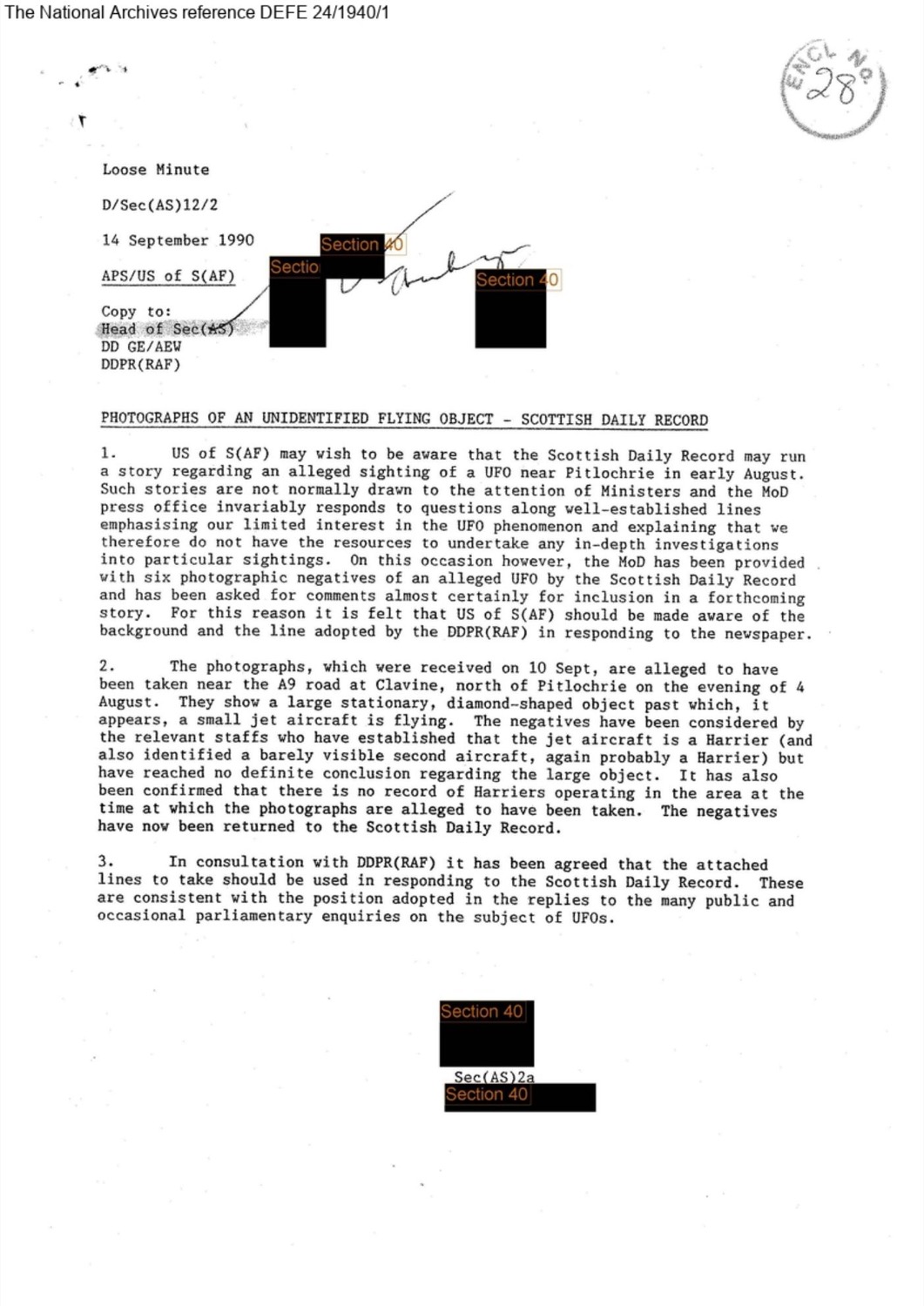 El briefing interno del MoD sobre las fotos de Calvine (14-sep-1990)