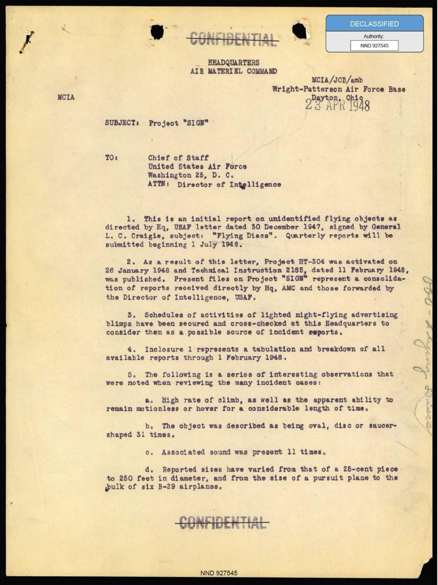 Project Sign: ya se puede leer el primer informe OVNI de la Fuerza Aérea de EE.UU. (1948)